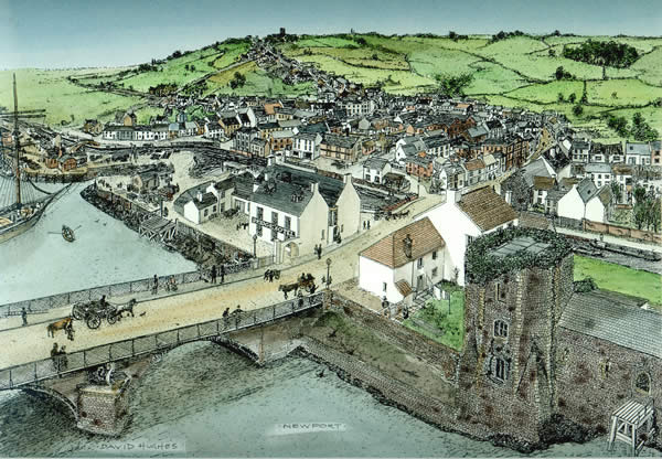 David Hughes' excellent birds' eye view of Victorian Newport. This shows the cantilevered footpaths and 'the dip'.