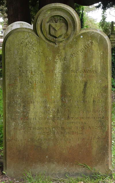 ALFRED BIGGS RODAWAY Police constable of the Borough of Newport who was accidentally drowned by falling into the River Usk the morning of 7th January 1861 aged 48 years.	This tomb is erected as a token of respect by his brother officers. Also Thomas son of the above aged 1 month. 