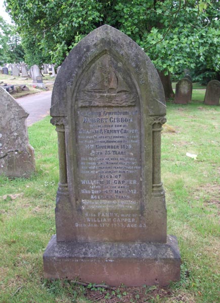 A particularly fine carving of a pilot cutter graces the grave of young Aubrey Gibbon, who at the age of 23 drowned in the pilot cutter Arrow of Bull Point, the other side of the Bristol Channel