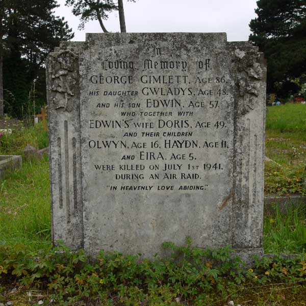 Headstone to mark the grave of the Gimlett family who were killed during an air raid on July 1st 1941.