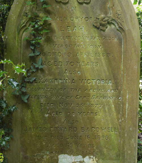 In memory of Leah widow of the late John Partridge printer of this town who died 19th April 1868 aged 70 years