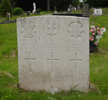 This headstone marks the burial place of three servicemen - D Bowen, MJ Collins and J. Power lance corporal Welch Regiment, private of the Middlesex Regiment and guardsman Irish Guards respectively. They all died in 1916.