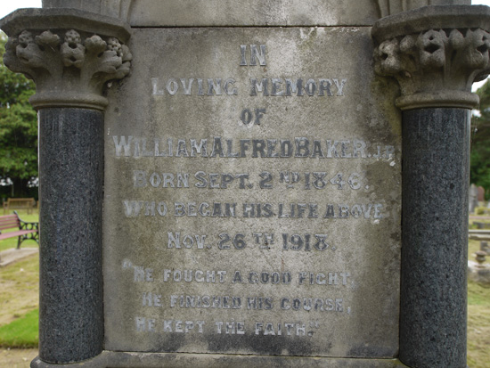 Inscription on the grave of William Alfred Baker