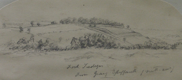 'Fort Tredegar' - Gaer Hillfort - as seen from the North East. Drawn by WH Greene June 1892.
