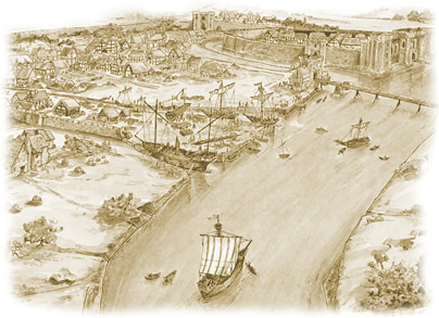 Conjectural bird's-eye view of medieval Newport drawn by Anne Leaver 2007