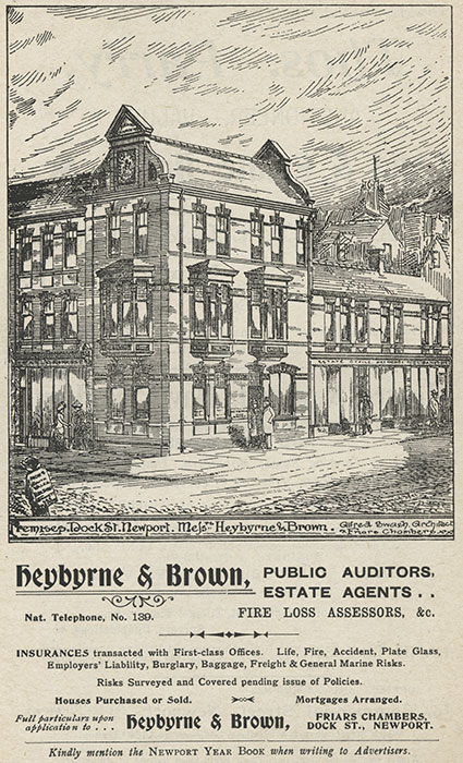 HEYBYRNE & BROWN, FRIARS CHAMBERS, DOCK STREET, NEWPORT - ADVERT, 1903 