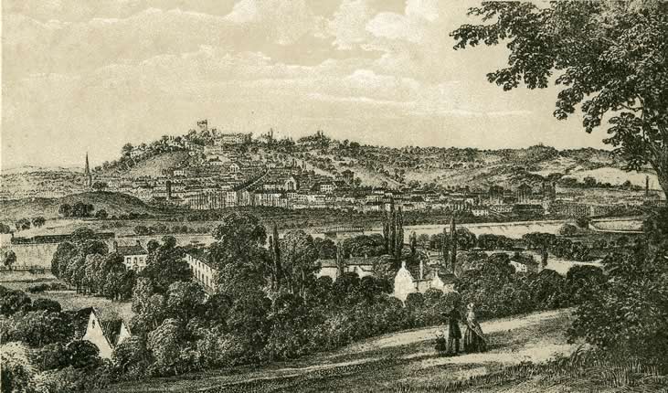 Old print showing Newport Mon from Summerhill 1850 