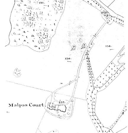 Section of the 1841 tithe map showing Malpas Court, drive and North Lodge.