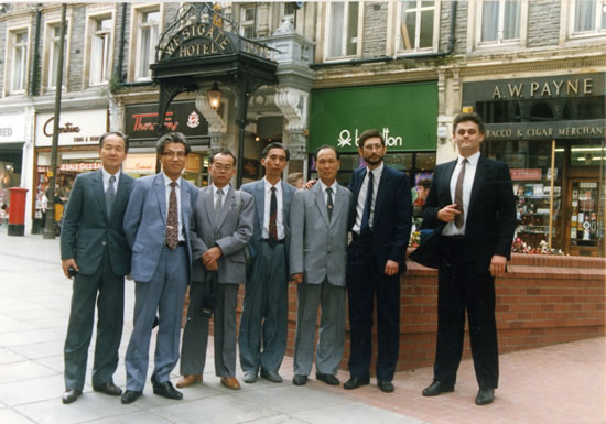 Jim Dyer (second from right) with the Chinese delegation in Newport Town centre setting up the twinning with Wuzhou in China.