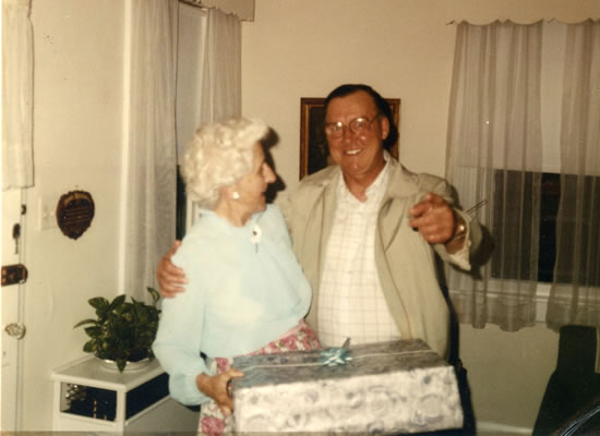 Frank Plaister with Mrs Davies in Baltimore 1985. Mrs Davies had looked after him when he was taken ill back in 1941. The British Consul wanted to put him into a hotel until he could find passage back to Newport. But Frank recalled 'Mrs Davies insisted I stay with her and her husband Bryn... They used to go round the ships looking for Welsh boys and they both loved their native country. They treated me royally and as a young lad a long way from home it was great to have someone look after me.'