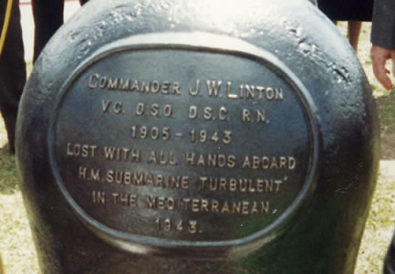 The memorial to Commander JW Linton VC DSO DSC RN. Lost with all hands aboard HM Submarine "Turbulent" in the Mediteranean, 1943.