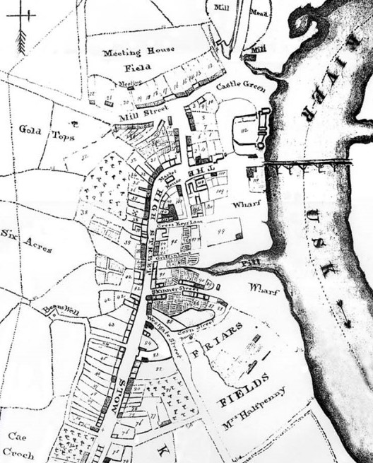 Detail from the 1750 plan of Newport, showing the wharf areas and the Town Pill reaching towards High Street