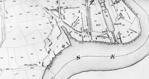 Part of the 1845 Tithe Map showing the Tredegar Wharves at the Pillgwenlly Pill before the Tredegar Dry Dock was built.