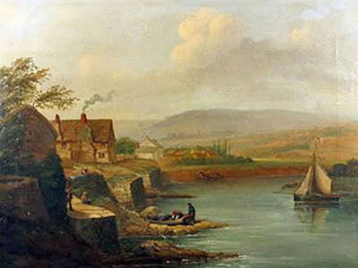The Quay by the Hanbury Arms in Caerleon. Oil Painting by Ellen Richardson in 1862. 