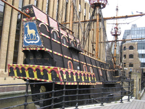 A modern replica of the Golden Hind at Southwark in London.