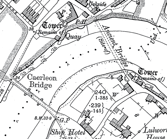 The 1901 Ordnance Survey map of Caerleon shows the position of the quay and slipway near the Hanbury Arms and between the old and later bridges. The tramway and shipping had ceased to function by this time.