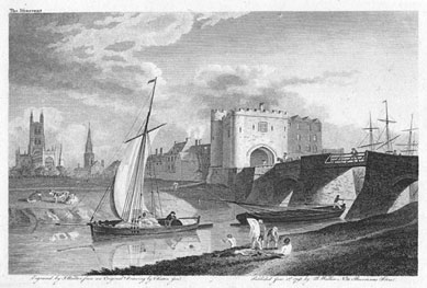 Severn trows navigating a bridge at Gloucester in 1798