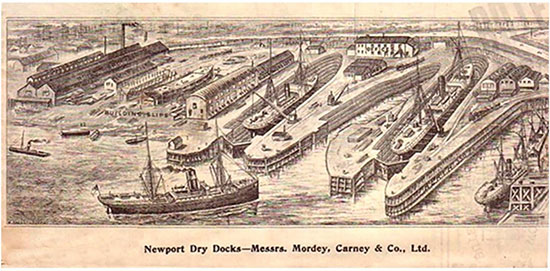 The shipbuilding yard and dry docks of Mordey and Carney at Jack’s Pill, around 1905