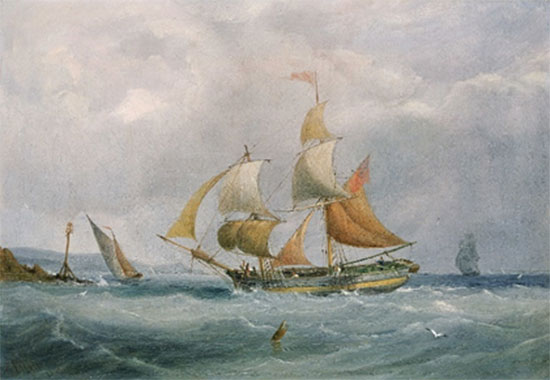 A small trading brig entering the Bristol Avon, painted by Joseph Walter in 1838