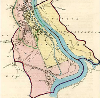 A cropped version of the 1837 plan showing the canal and riverside wharves