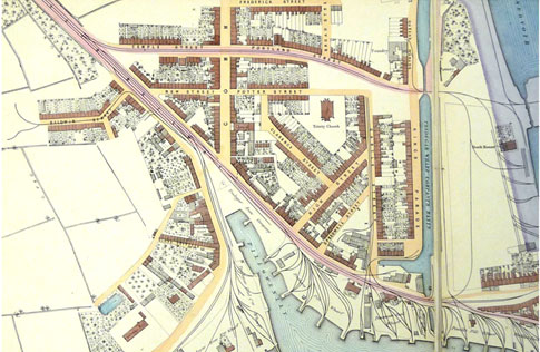 This 1854 plan shows the area of the Pillgwenlly Pill and the canal basin next to the Town Dock, with all the jetties and connecting railways