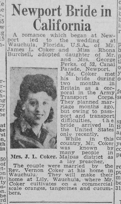 Newport Bride In California. Mrs JL Coker (nee Rhona Burchell adopted daughter of Mr and Mrs George Perks of 52 Canal Parade Newport.