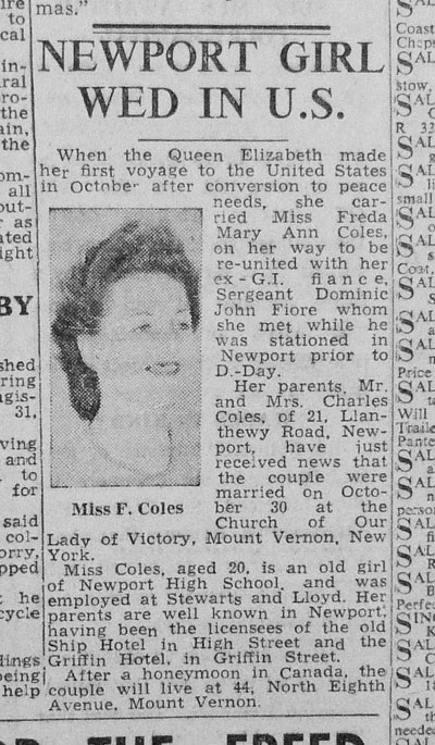 Miss Freda Anne Coles sailed to the US to marry GI fiance Sergeant Dominic John Fiore.