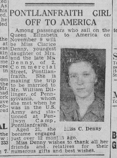 Miss Clarice Denny  to sail on the Queen Elizabeth to marry William Dillinger of Pennysylvania.