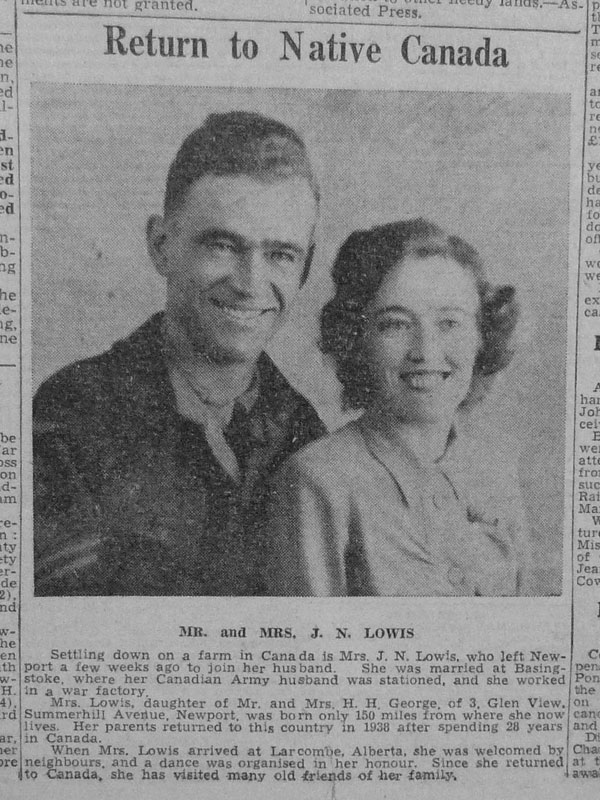 Mr and Mrs JN Lowis settling down on a farm in Canada. Mrs Lowis is daughter of Mr and Mrs HH George of 3 Glen View, Summerhill Avenue, Newport.