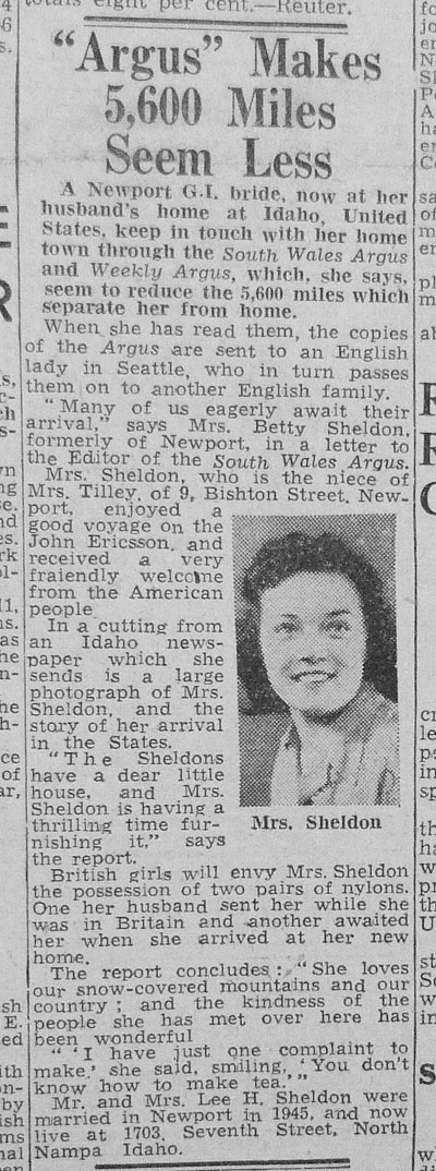 GI bride Mrs Betty Sheldon formely from Newport now at her husband's home at Idaho, United States.