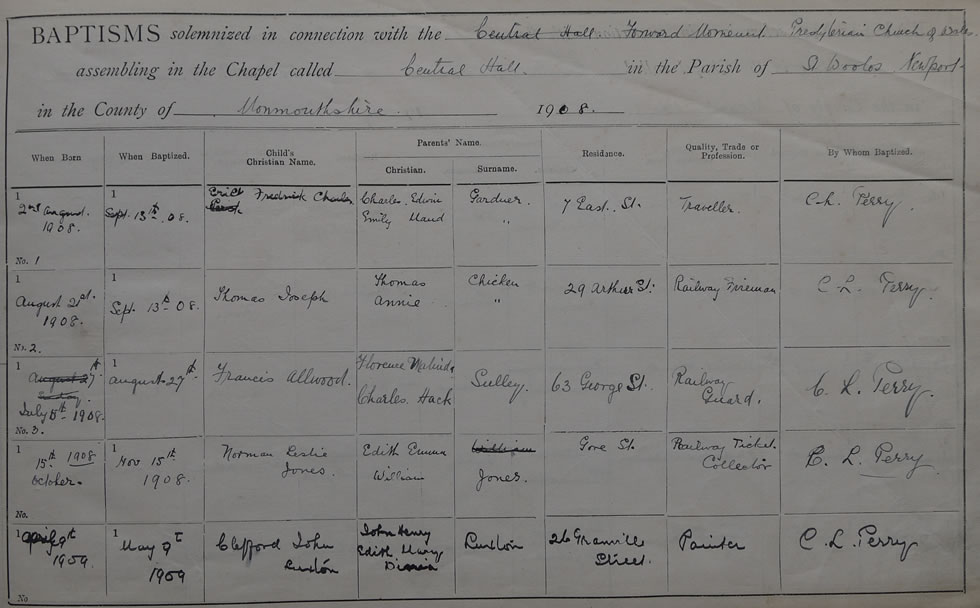 Page 1 of the Register of Baptisms for the Presbyterian Church of Wales assembling at the Great Central Hall in the Parish of Newport in the County of Monmouthshire