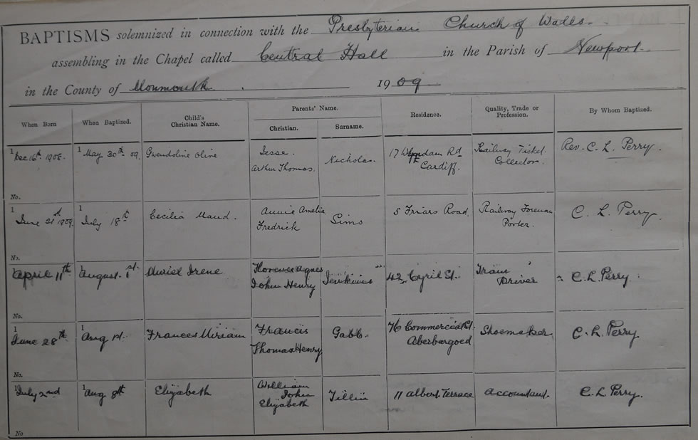Page 2 of the Register of Baptisms for the Presbyterian Church of Wales assembling at the Great Central Hall in the Parish of Newport in the County of Monmouthshire