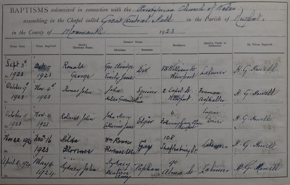 Page 26 of the Register of Baptisms for the Presbyterian Church of Wales assembling at the Great Central Hall in the Parish of Newport in the County of Monmouthshire