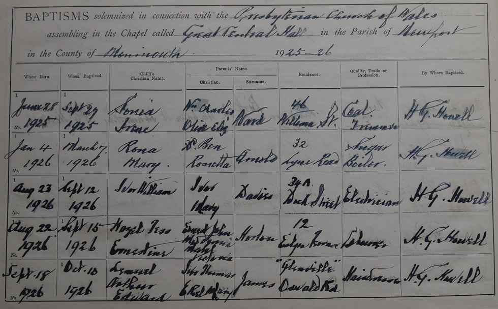 Page 28 of the Register of Baptisms for the Presbyterian Church of Wales assembling at the Great Central Hall in the Parish of Newport in the County of Monmouthshire