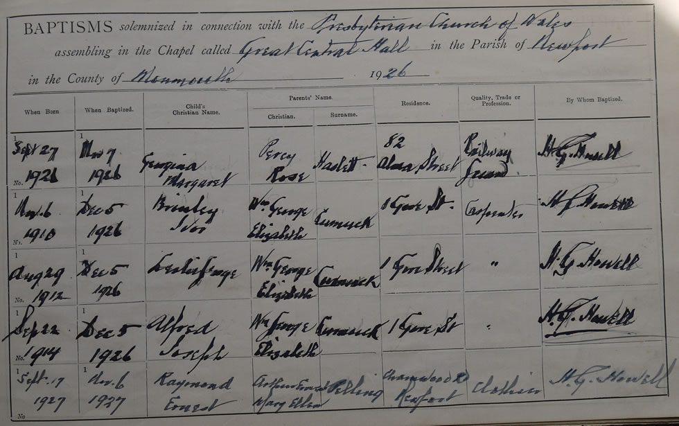 Page 29 of the Register of Baptisms for the Presbyterian Church of Wales assembling at the Great Central Hall in the Parish of Newport in the County of Monmouthshire