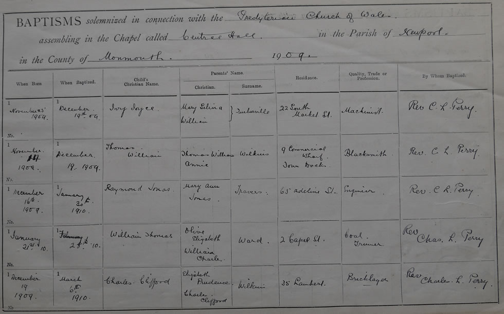 Page 3 of the Register of Baptisms for the Presbyterian Church of Wales assembling at the Great Central Hall in the Parish of Newport in the County of Monmouthshire