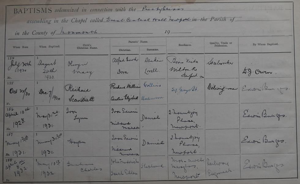 Page 32 of the Register of Baptisms for the Presbyterian Church of Wales assembling at the Great Central Hall in the Parish of Newport in the County of Monmouthshire