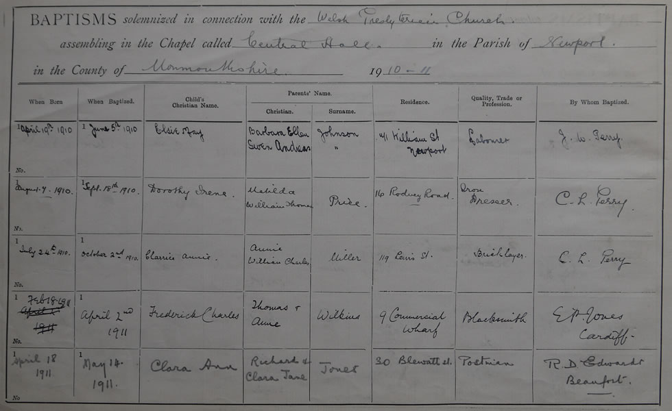 Page 4 of the Register of Baptisms for the Presbyterian Church of Wales assembling at the Great Central Hall in the Parish of Newport in the County of Monmouthshire