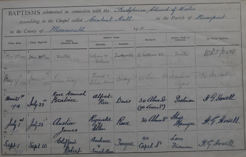 Page 5 of the Register of Baptisms for the Presbyterian Church of Wales assembling at the Great Central Hall in the Parish of Newport in the County of Monmouthshire