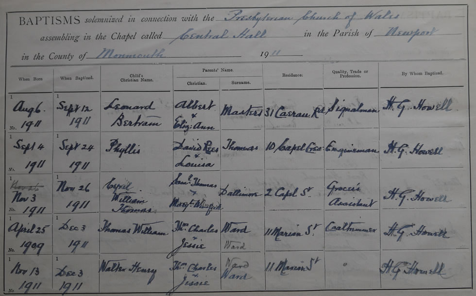 Page 6 of the Register of Baptisms for the Presbyterian Church of Wales assembling at the Great Central Hall in the Parish of Newport in the County of Monmouthshire