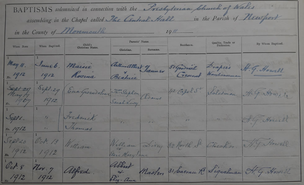 Page 8 of the Register of Baptisms for the Presbyterian Church of Wales assembling at the Great Central Hall in the Parish of Newport in the County of Monmouthshire