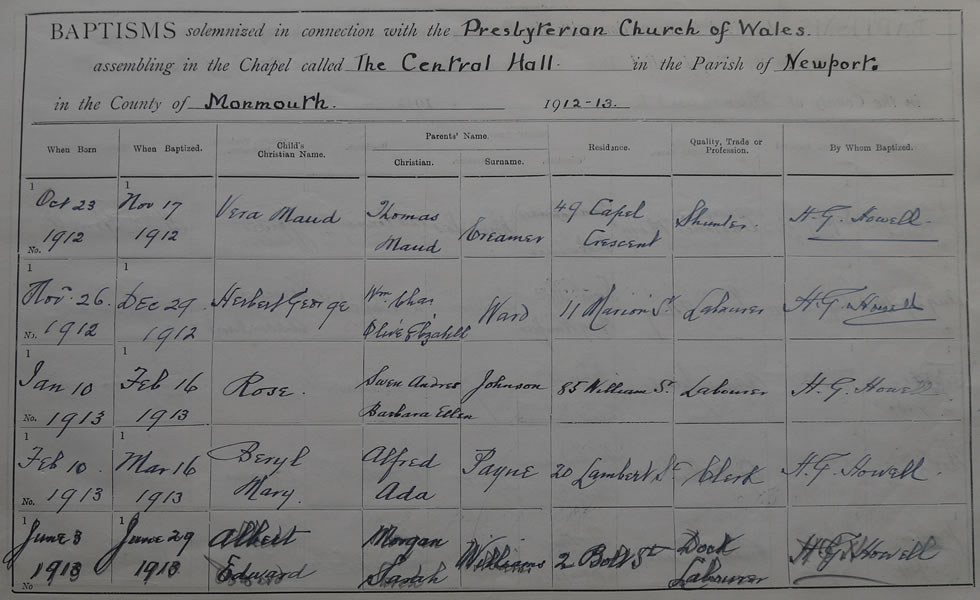 Page 9 of the Register of Baptisms for the Presbyterian Church of Wales assembling at the Great Central Hall in the Parish of Newport in the County of Monmouthshire