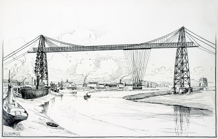 Newport Transporter Bridge, taken from the south side.  Drawing by Samuel Loxton.