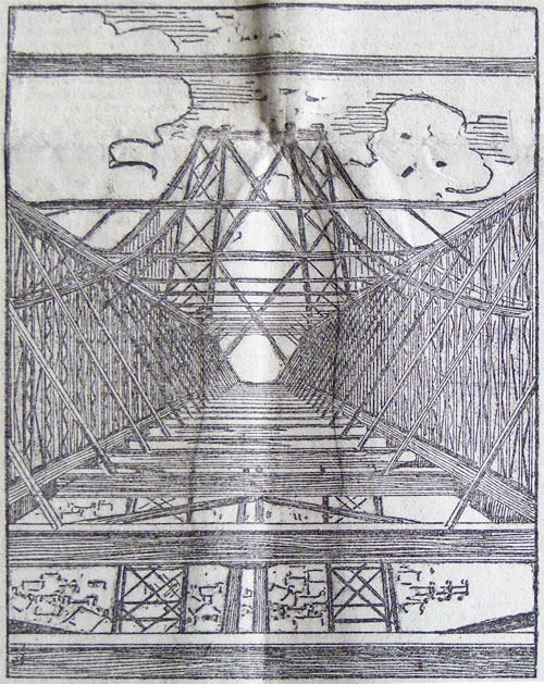 Looking along Newport Transporter Bridge from one of the towers. Drawing by Samuel Loxton.