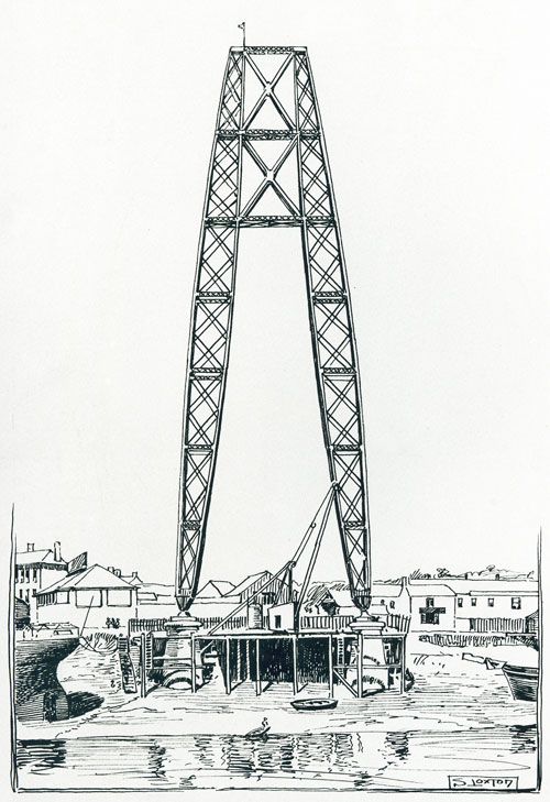 West tower of Newport Transporter Bridge during construction. Drawing by Samuel Loxton.