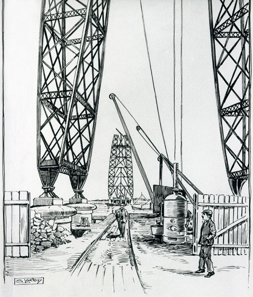 The works during construction of Newport Transporter Bridge, looking across the river. Drawing by Samuel Loxton.