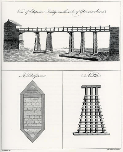 Views of the wooden bridge at Chepstow from Coxe's 'Tour In Monmouthshire' 1801