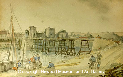 Newport bridge by Mrs G.Warrington, copied from an original late 18th-century drawing by Michael Angelo Rooker (1743-1801) in the Victoria and Albert Museum.[35] Rooker was a student at the Royal Academy from 1769.