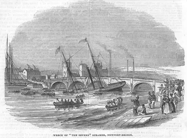 The wreck of the Severn screw-steamer in 1844. The new ship was attempting to leave her berth near the bridge when the screw failed and she was dashed against the bridge by the strong tide running upstream. The ship sank and was later recovered, with no loss of life.