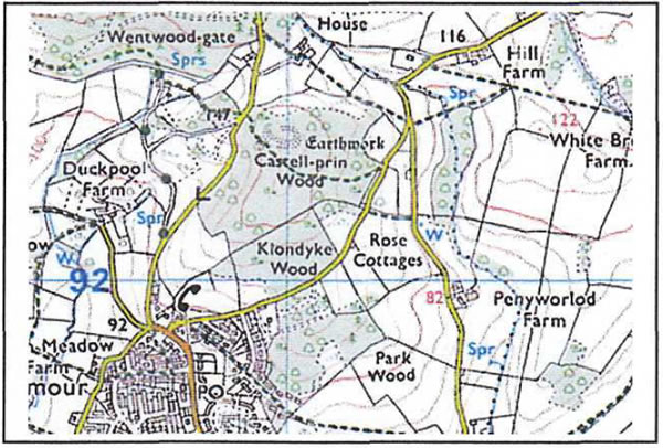 Castell Prin Earthwork as seen on OS Explorer map 152